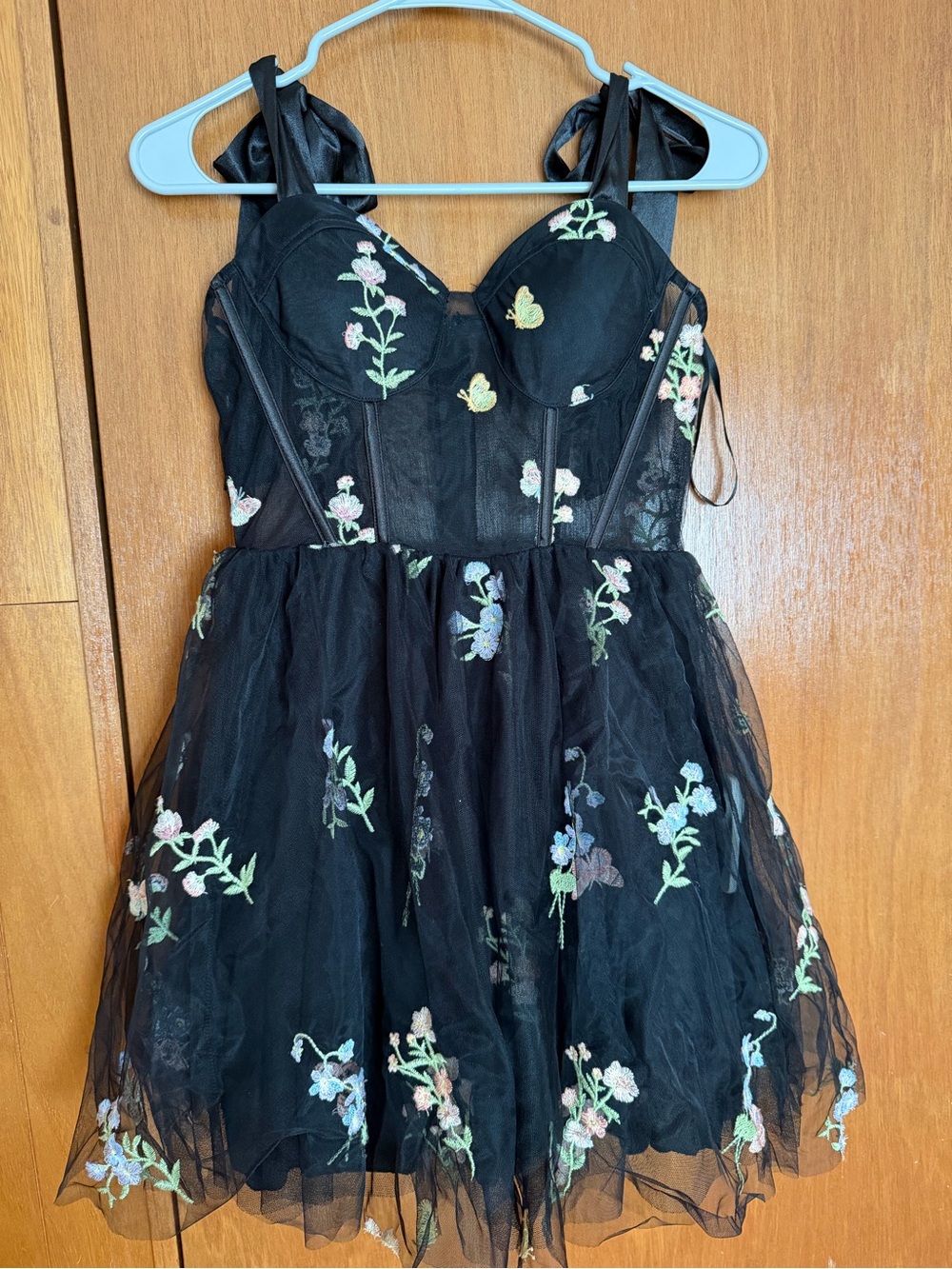 City Studio Black Tulle Dress with Pastel Floral Embroidery